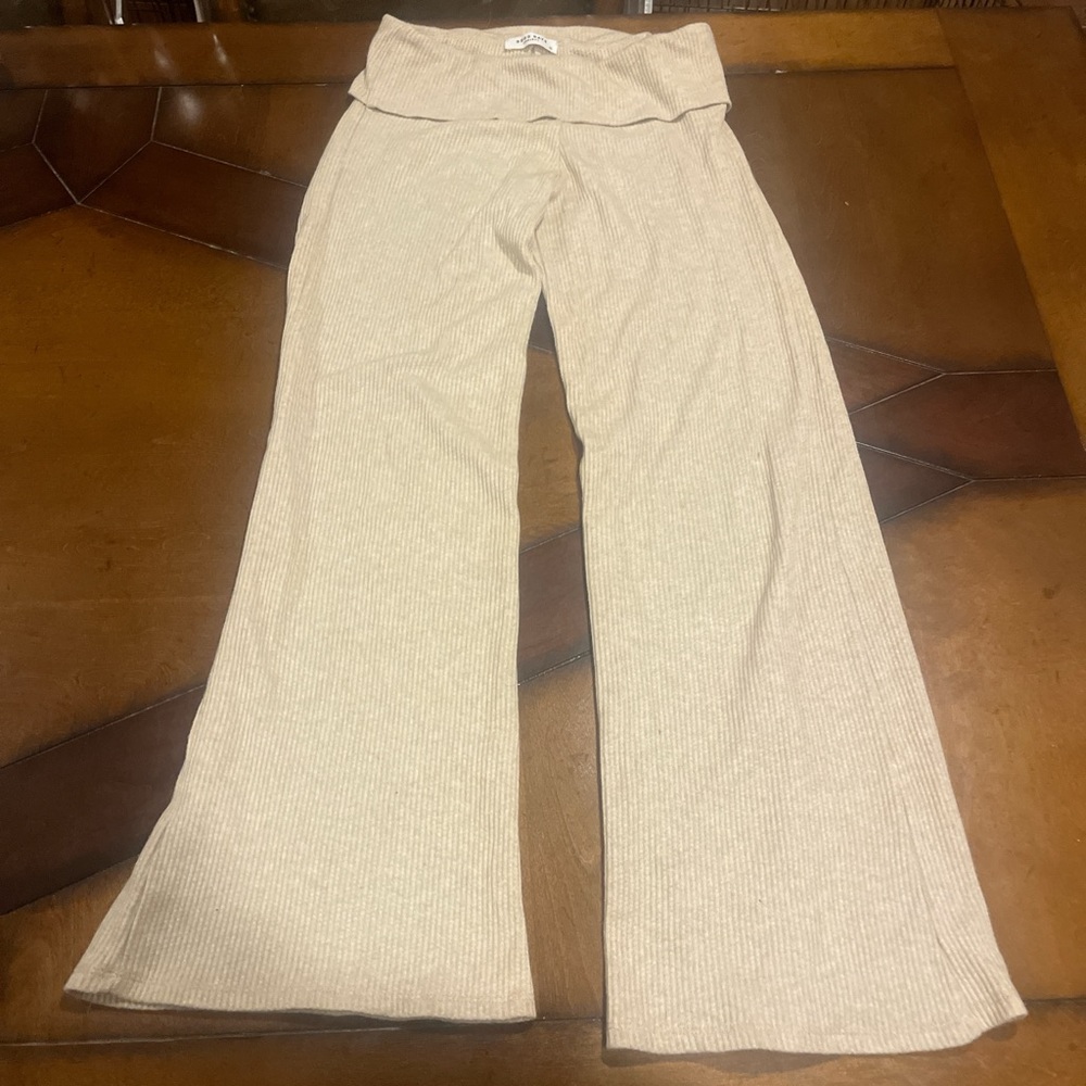 Beige Ribbed Flare Pants